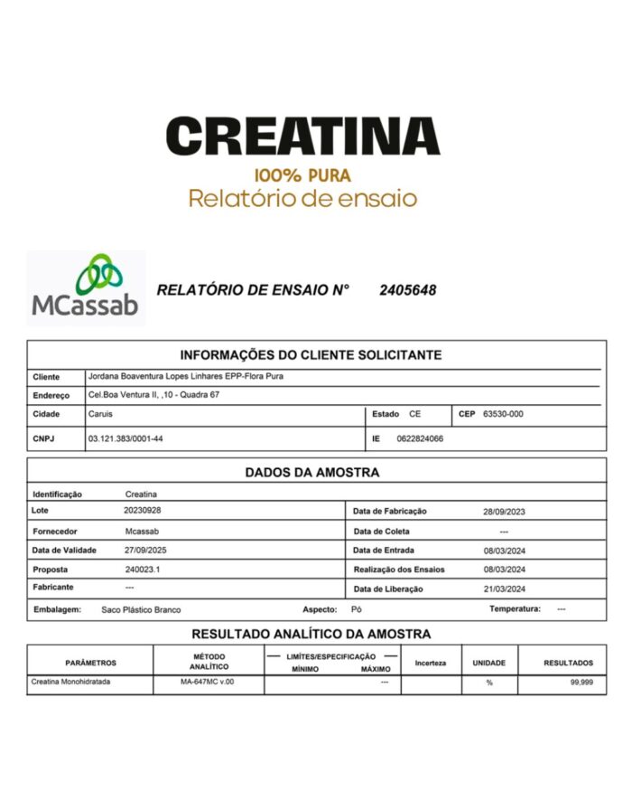 CREATINA MONOHIDRATADA EM PÓ - 100% PURA - 300G | FLORA PURA - Imagem 4